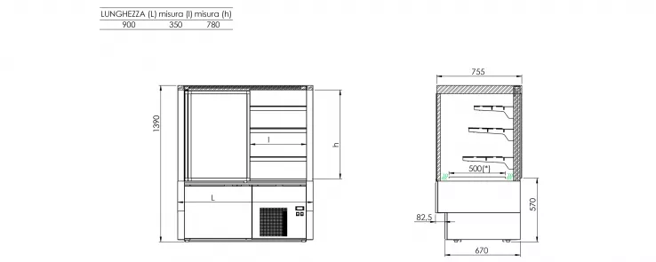 Kühltheke mit 3 Regalböden und gerader Frontverglasung | Umluft | +2°/+8°C | B=900 mm