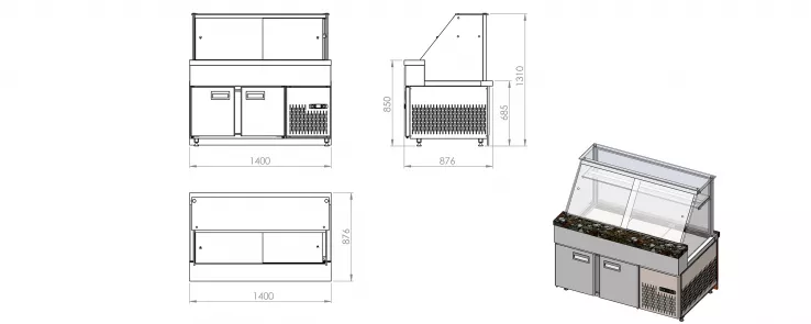 Kühltheke mit Regalboden und gerader Frontverglasung | Statische Kühlung | B1400 x T880 x H1350 mm