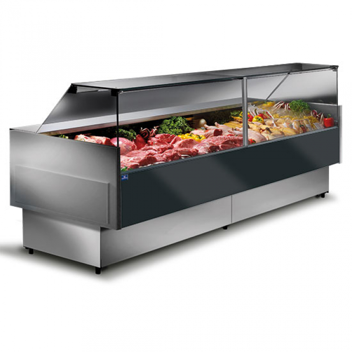 Fleischkühltheke 2960 mm mit gerader Frontverglasung und Umluftkühlung 0-4°C - Gastrohot