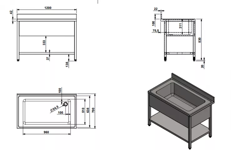 Spültisch 1200 Edelstahl 430 – 960x510x300 mm Spülbecken