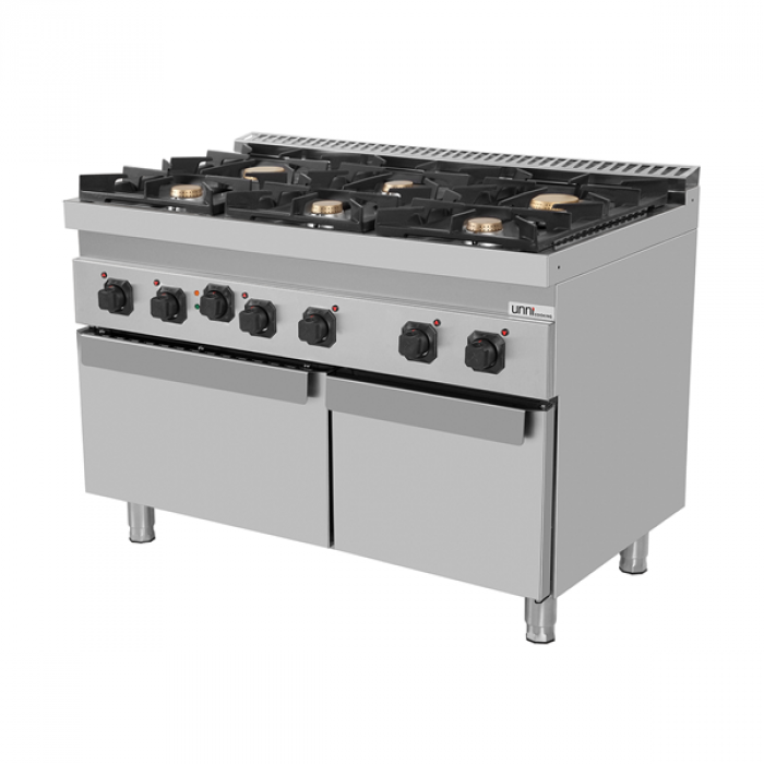 Gasherd E70FGO30-K mit Elektro-Ofen, 6 Brenner, Gusseisenrost