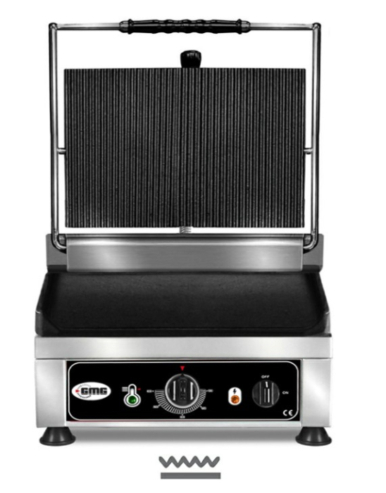 Kontaktgrill, elektro, oben gerillt und unten glatt, aus Gusseisen