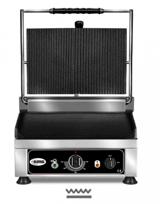 Kontaktgrill, elektro, oben gerillt und unten glatt, aus Gusseisen