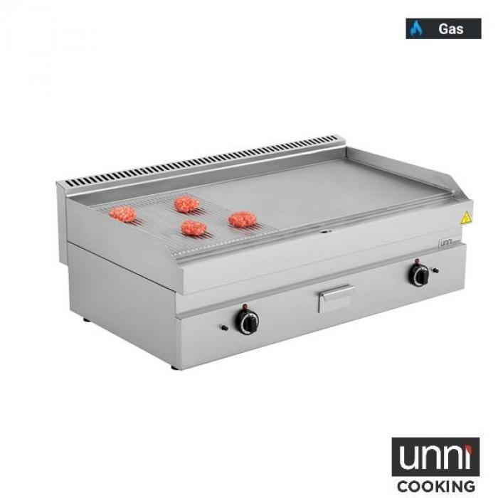 Gas-Bratplatten UNNI-COOKING 650 Serie Edelstahl 1/3 geriffelt 2/3 glatt
