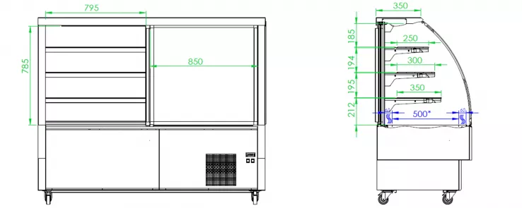 Kühltheke mit 3 Böden | Umluft | 2°/+8°C | B=1800 mm - RAL9005