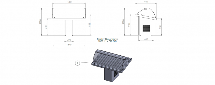 Fischkühltheke mit gebogener Scheibe und Schiebetüren, statische Kühlung, 1440 mm