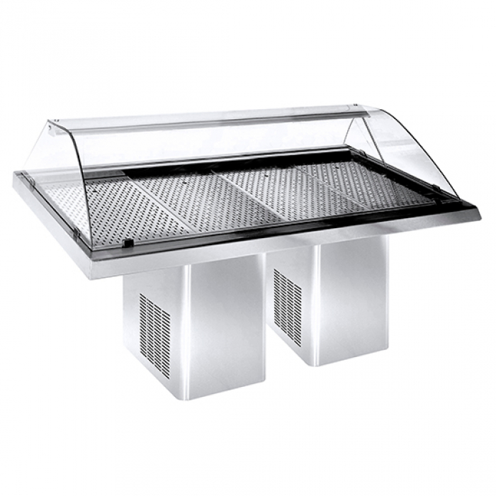 Fischkühltheke mit gebogener Scheibe und Schiebetüren - Statische Kühlung 2320 mm