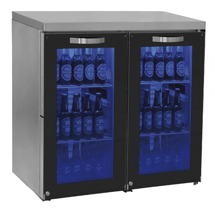 Barkühlschrank links mit 2 Glasflügeltüren