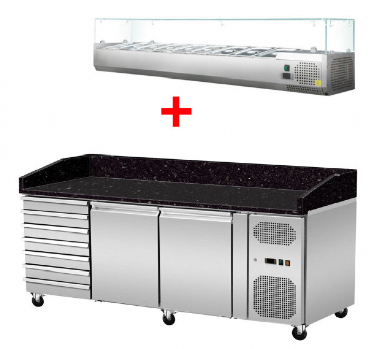 Pizza Kühlthek Granit Star Galaxy Schwarz 2 Türen 7 Schubladen 203 x 80 Kühlaufsatz GN1/3 mit Glas
