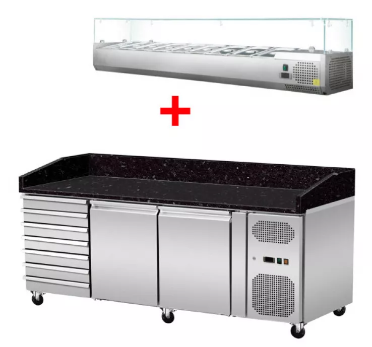 Pizza Kühlthek Granit Star Galaxy Schwarz 2 Türen 7 Schubladen 203 x 80 Kühlaufsatz GN1/3 mit Glas Pizza Kühlthek Granit Star Galaxy Schwarz 2 Türen 7 Schubladen 203 x 80 Kühlaufsatz GN1/3 mit Glas