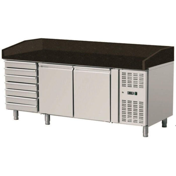 Pizza Kühltisch, Granit Star Galaxy schwarz, 2 Türen 7 ungek. Schubladen, 203 x 80 Kühlaufsatz GN1/3 mit Glas