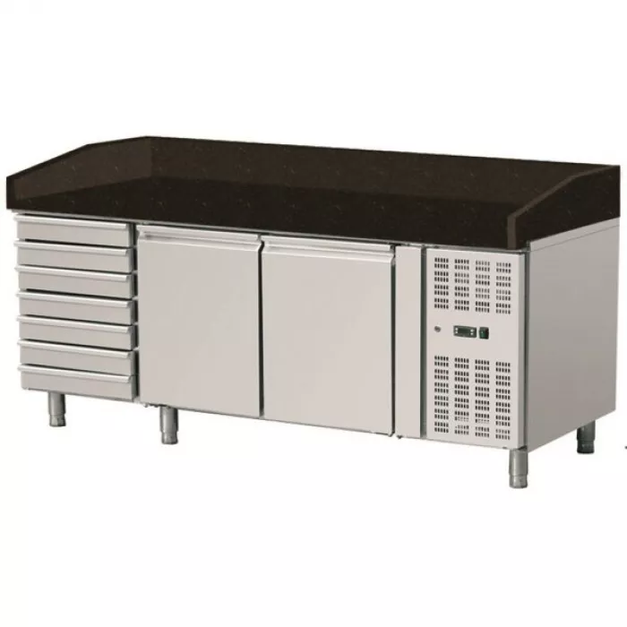 Pizza Kühltisch, Granit Star Galaxy schwarz, 2 Türen 7 ungek. Schubladen, 203 x 80 Kühlaufsatz GN1/3 mit Glas Pizza Kühltisch, Granit Star Galaxy schwarz, 2 Türen 7 ungek. Schubladen, 203 x 80 Kühlaufsatz GN1/3 mit Glas