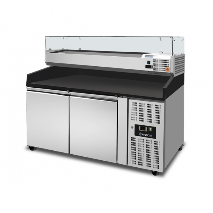 Pizza Theke 2 Türen 151x80x100cm Schwarz Granit 390L Edelstahl