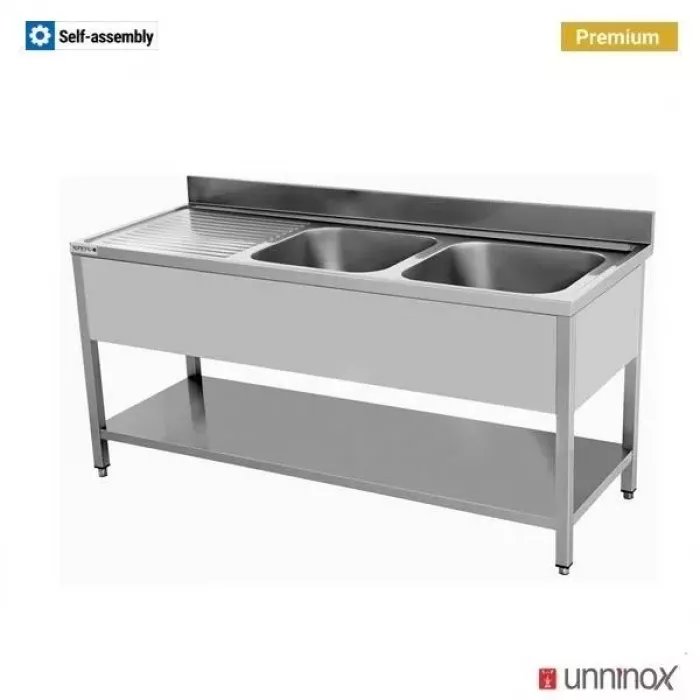Spültisch 2 Becken 200x70x85cm – 2 Spülen rechts, Edelstahl
