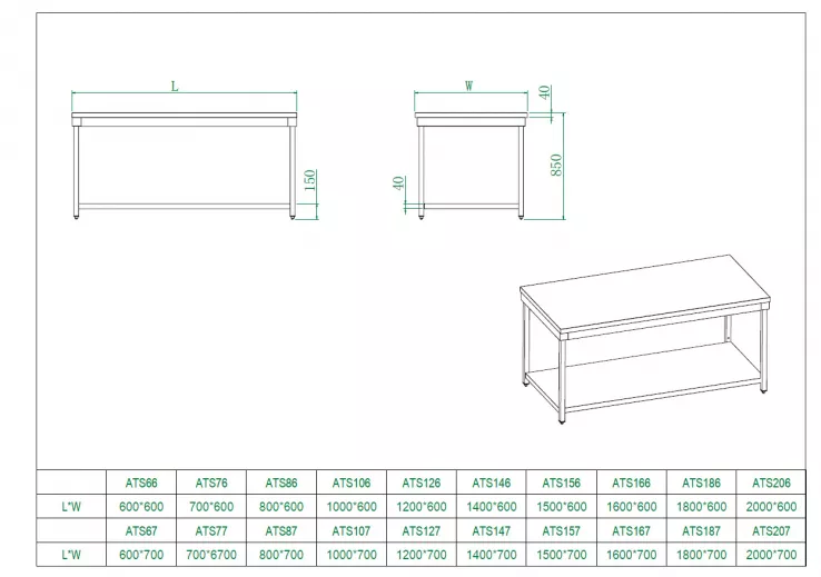 Arbeitstisch aus Edelstahl, 150 x 70