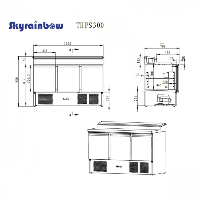 Saladette/Zubereitungstisch 3 Türen, Unterbaukühlung, 137x70