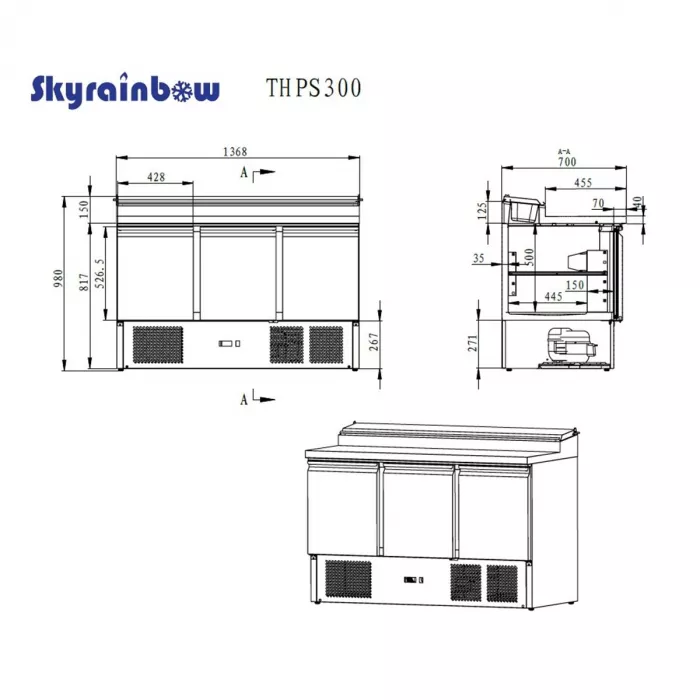 Saladette/Zubereitungstisch 3 Türen, Unterbaukühlung, 137x70