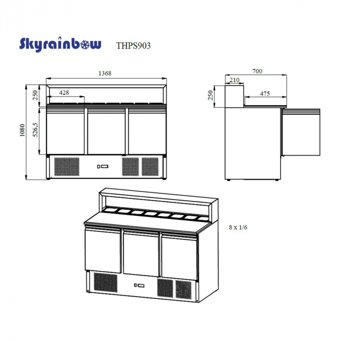 Pizzasaladette 3 Türen, Aufsatz Edelstahl,137 x 70