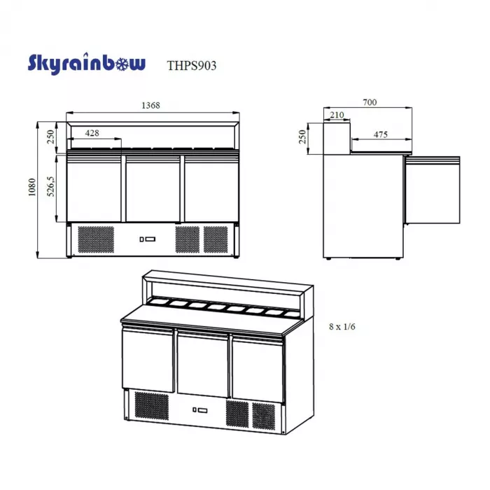Pizzasaladette 3 Türen, Aufsatz Edelstahl,137 x 70