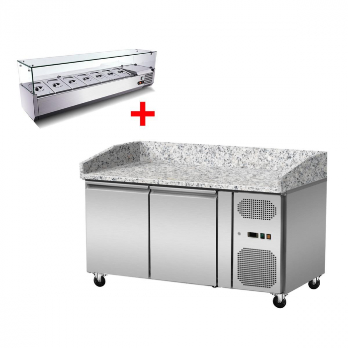 Pizzakühltisch Granit mit GN1/4-Glasaufsatz – 2 Türen, 151×80×86 cm