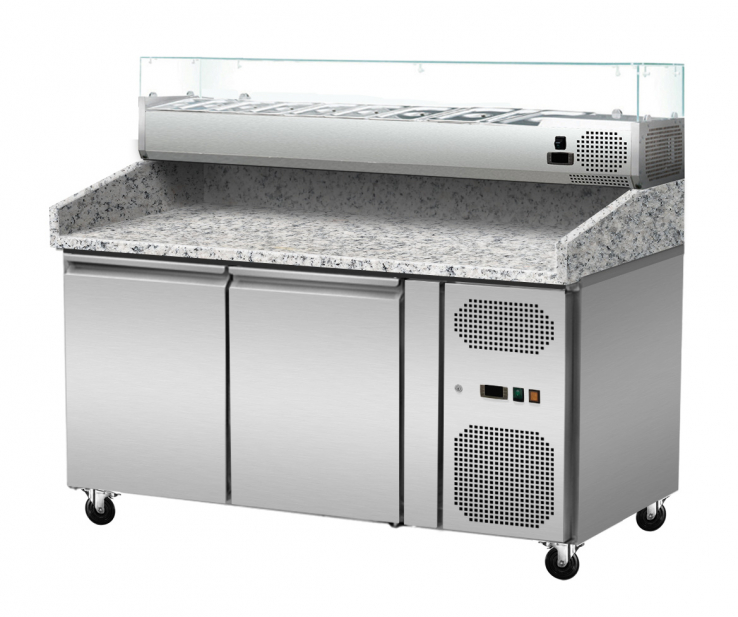 Pizzakühltisch Granit mit GN1/4-Glasaufsatz – 2 Türen, 151×80×86 cm