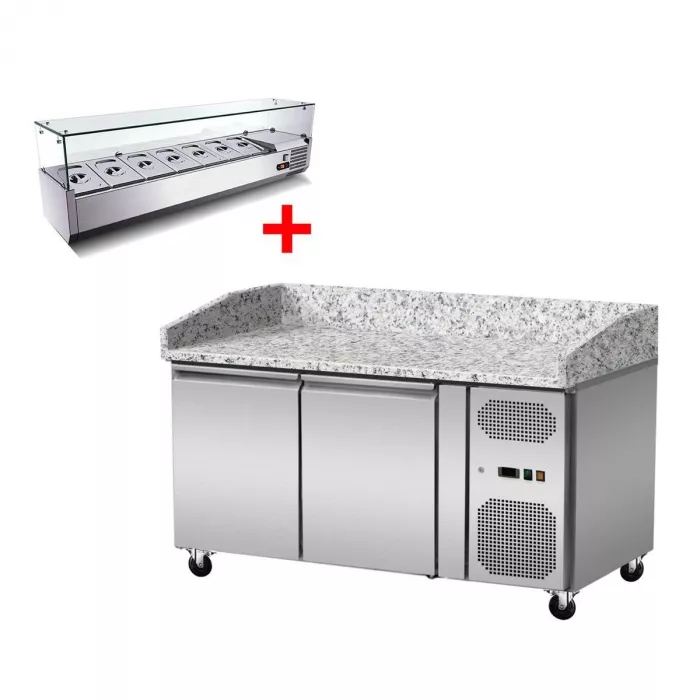 Pizzakühltisch Granit mit GN1/3-Glasaufsatz – 2 Türen, 151×80×86 cm
