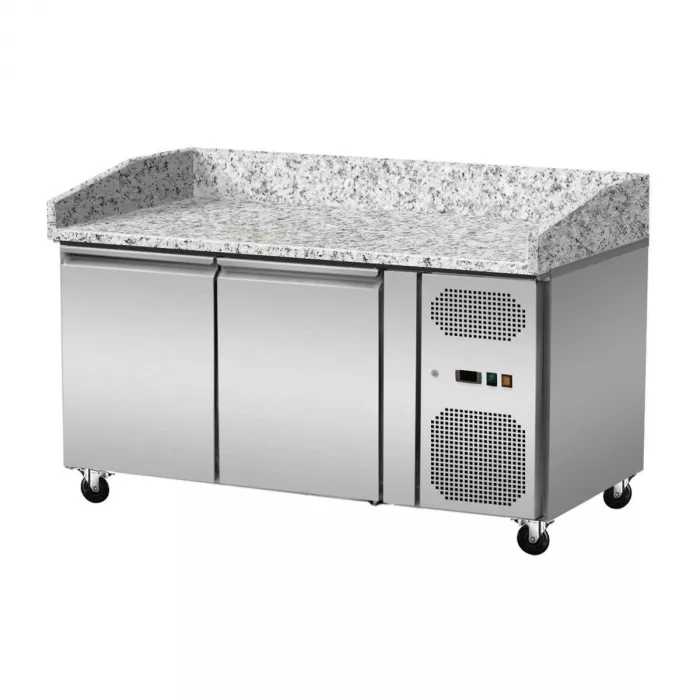 Pizzakühltisch Granit mit GN1/3-Glasaufsatz – 2 Türen, 151×80×86 cm