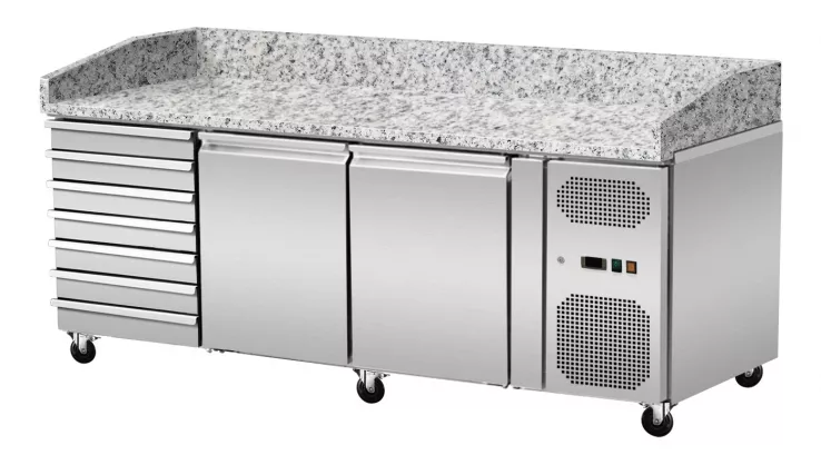 Pizza Kühlthisch Granit Rosa Grau 2 Türen 7 ungekühlte Schubladen 203 x 80 - Gastrohot
