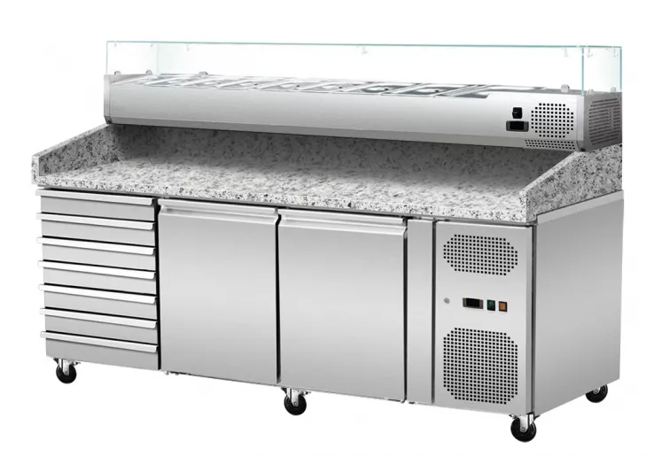 Pizzakühltisch Granit mit 2 Türen & 7 Schubladen – GN1/4-Aufsatz, 202,5×80×86 cm