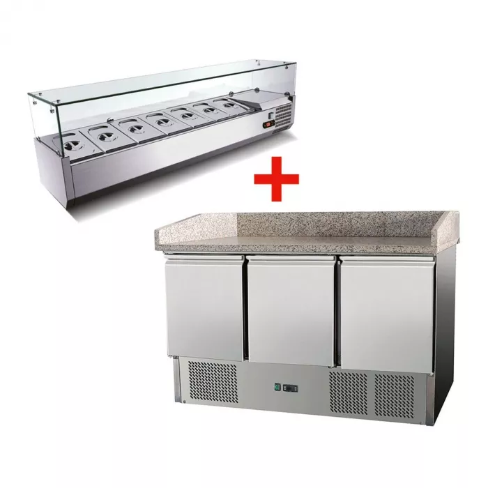 Pizzasaladette mit Granit & GN1/3-Glasaufsatz – 3 Türen, 140×70×108 cm