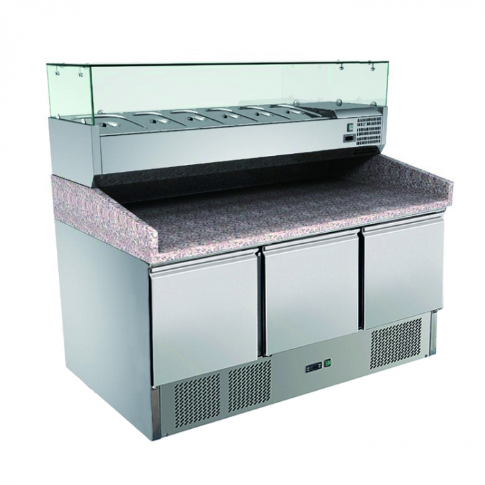 Pizzasaladette mit Granit & GN1/3-Glasaufsatz – 3 Türen, 140×70×108 cm