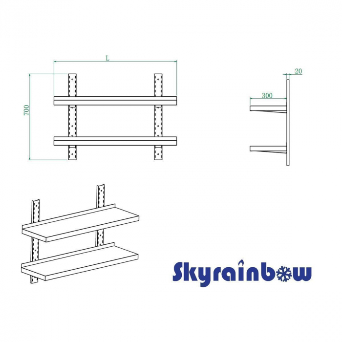 Wandbord aus Edelstahl – verstärkt, 2 Böden, 200×30 cm