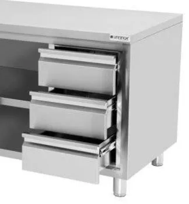 Arbeitsschrank 1200x600 mm ohne Aufkantung, 3 Schubladen rechts