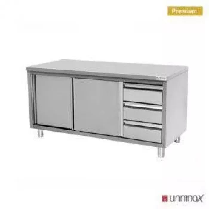 Arbeitsschrank 1200x600 mm ohne Aufkantung, 3 Schubladen rechts