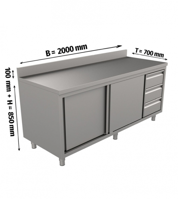Edelstahl Arbeitsschrank mit Aufkantung, Schubladen (2000x700x850)