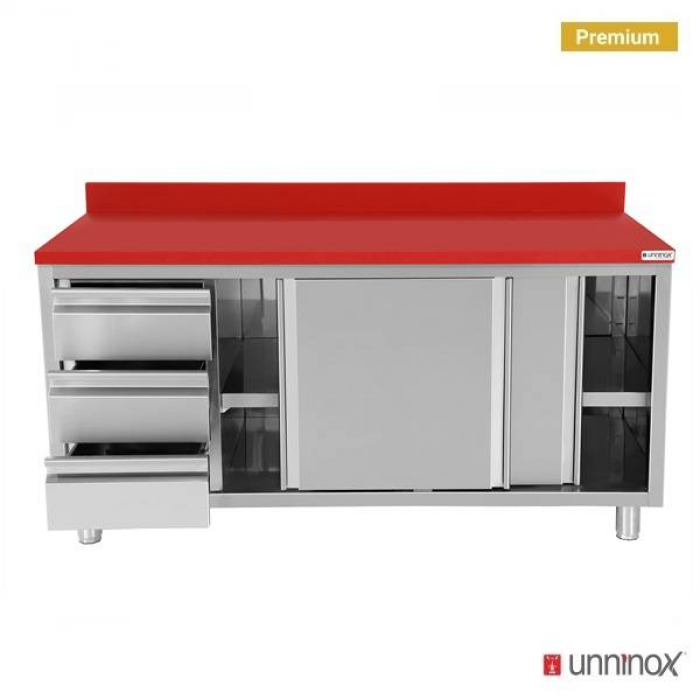 Polyethylen-Arbeitsschrank 1400x700x850mm mit Schiebetüren und 3 Schubladen links