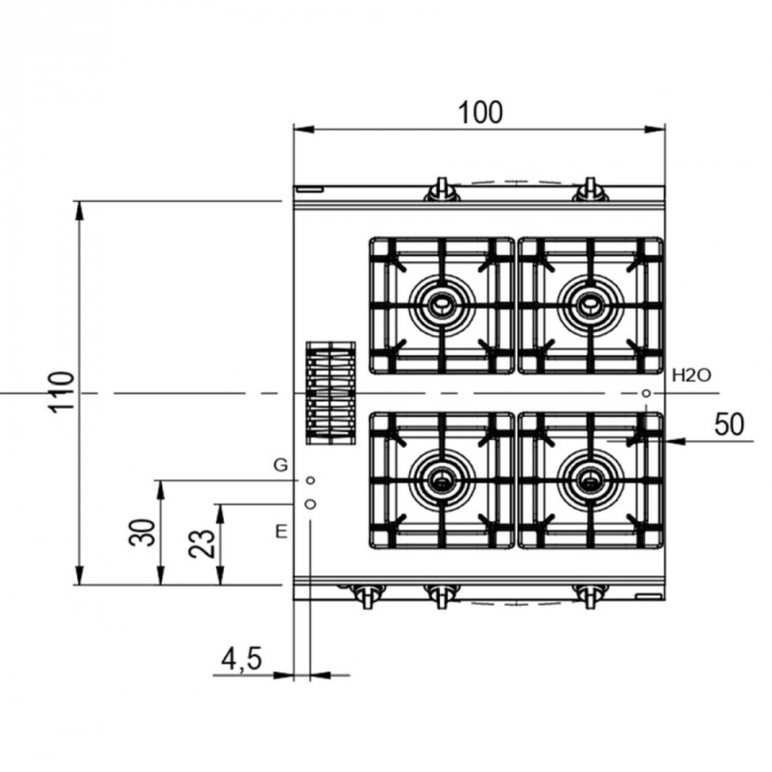 Gasherd 4 Brenner mit statischen Elektroofen | Bedienung beidseitig B1000xT1100xH870