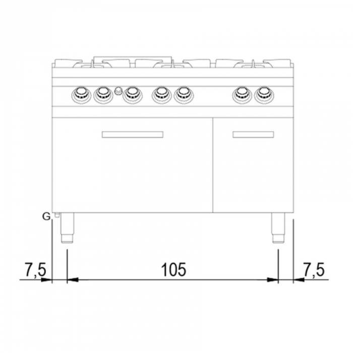 Gasherd auf statischem Gasofen | GN 2/1 und geschlossenem Schrank | 6 Brenner B1200xT730xH870