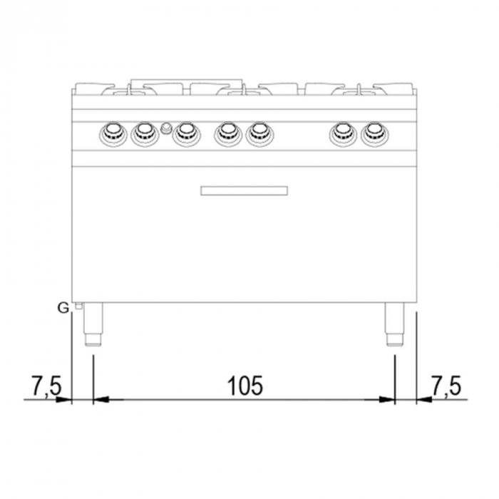 Gasherd auf statischem Maxi-Gasofen | 6 Brenner B1200xT730xH870