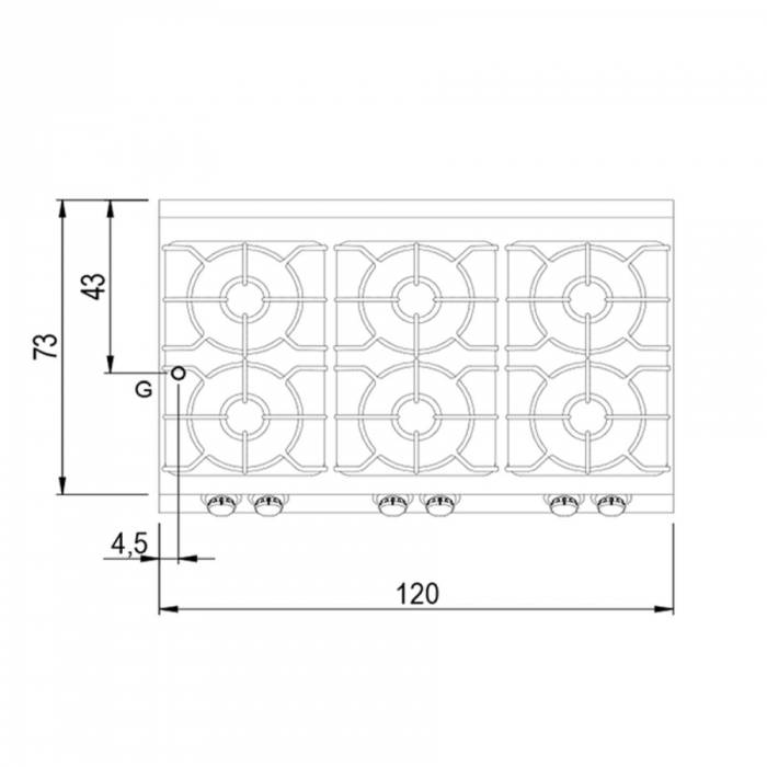 Gaskochfeld Tischmodell | 6 Brenner B1200xT730xH250