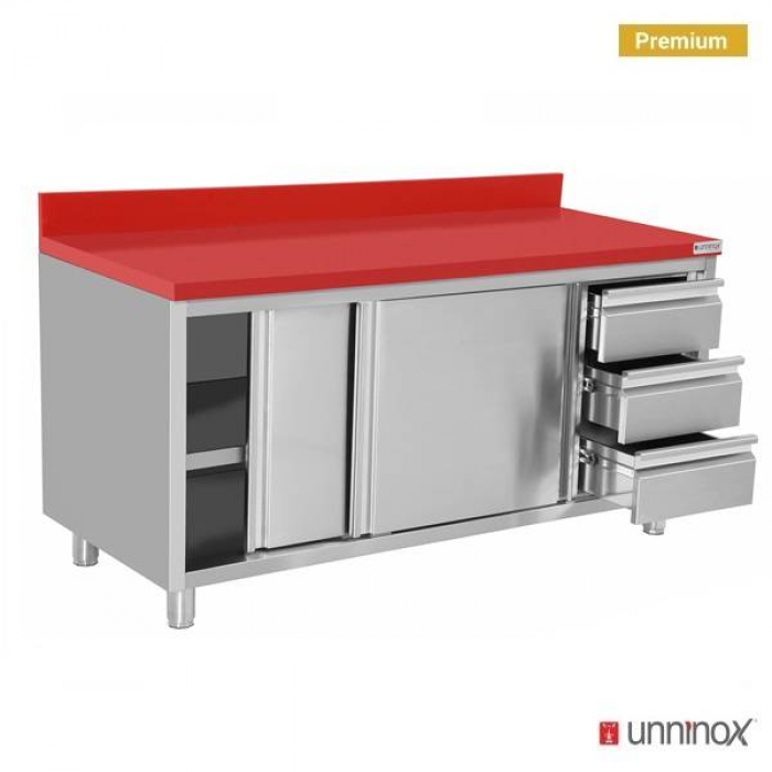 Polyethylen-Arbeitsschrank 1600x700x850mm mit Schiebetüren, 3 Schubladen rechts