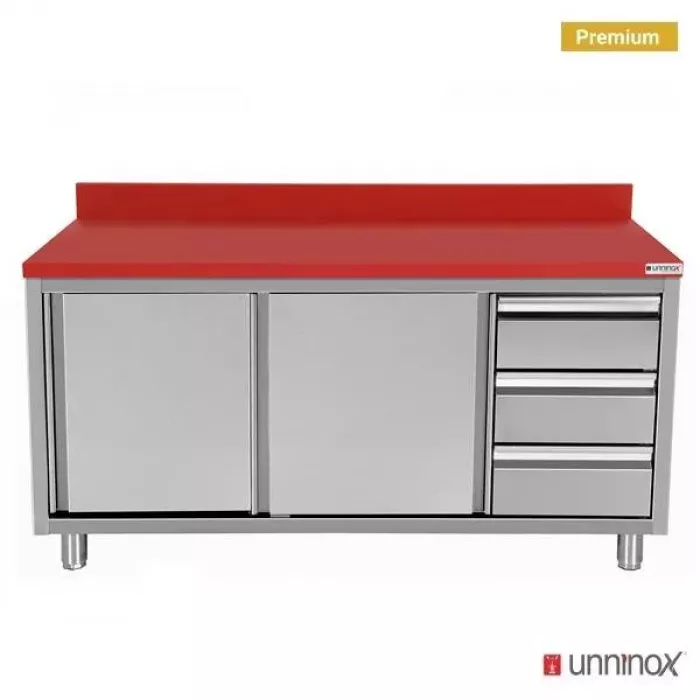 Arbeitsschrank Polyethylen mit Schiebetüren, 3 Schubladen rechts, 1200x700x850mm
