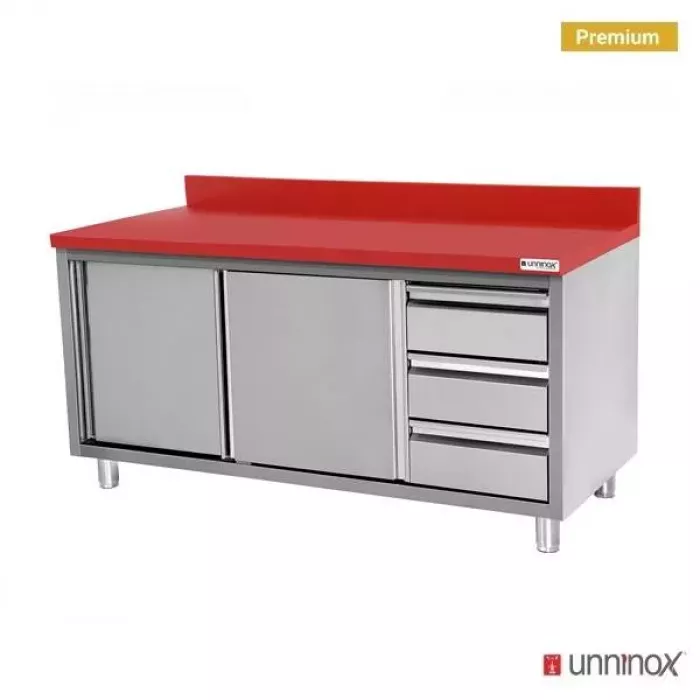 Arbeitsschrank Polyethylen mit Schiebetüren, 3 Schubladen rechts, 1200x700x850mm