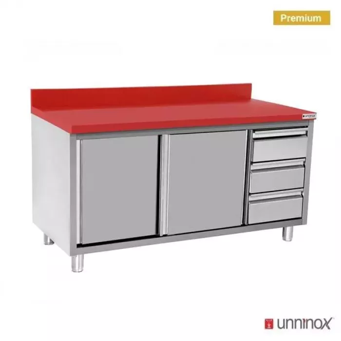 Arbeitsschrank Polyethylen mit Schiebetüren, 3 Schubladen rechts, 1200x700x850mm
