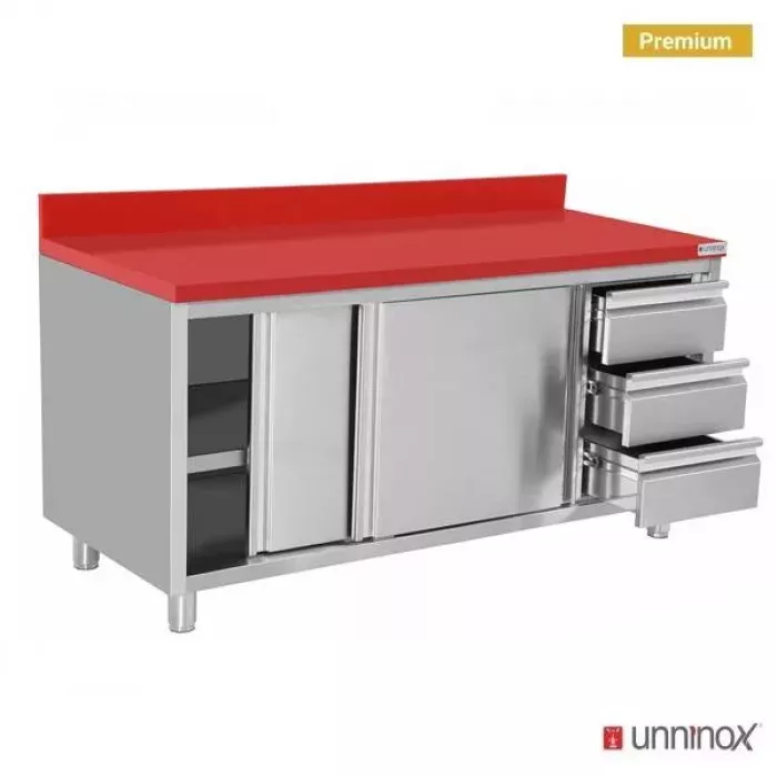 Arbeitsschrank Polyethylen mit Schiebetüren, 3 Schubladen rechts, 1200x700x850mm