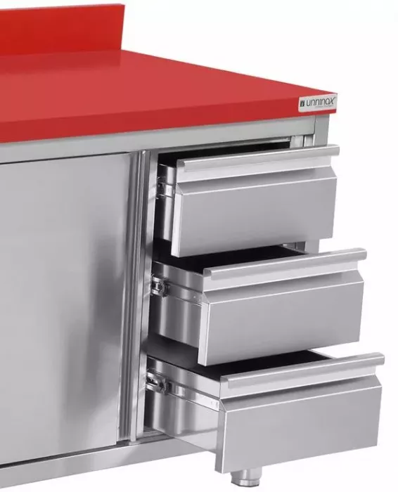 Arbeitsschrank Polyethylen mit Schiebetüren, 3 Schubladen rechts, 1200x700x850mm
