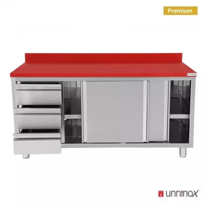 Polyethylen-Arbeitsschrank 2000x700x850mm mit Schiebetüren und 3 Schubladen links