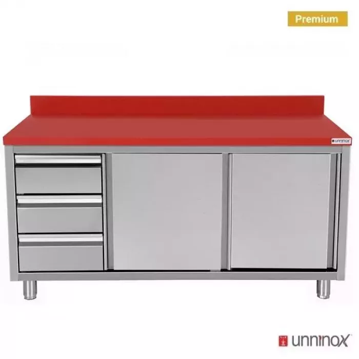 Polyethylen-Arbeitsschrank 1200x700mm Schiebetüren 3 Schubladen links