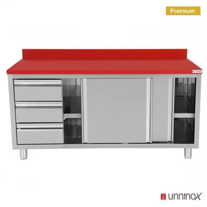 Polyethylen-Arbeitsschrank 1200x700mm Schiebetüren 3 Schubladen links
