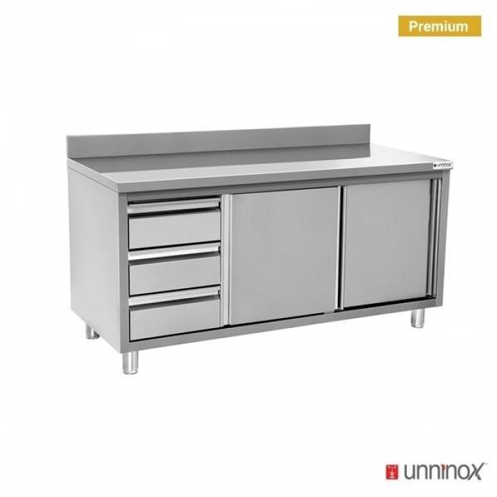 Arbeitsküchenschrank 2000x600x850mm mit Spritzschutz, 3 Schubladen links